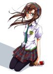  brown_hair can evangelion:_2.0_you_can_(not)_advance glasses hairband hirako long_hair makinami_mari_illustrious necktie neon_genesis_evangelion pantyhose plaid plaid_skirt rebuild_of_evangelion school_uniform skirt tartan 