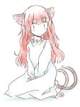  1girl alternate_costume alternate_hairstyle animal_ears blush cat_ears dress extra_ears hair_down kaenbyou_rin long_hair looking_at_viewer lowres multiple_tails nekomata rangycrow redhead simple_background sitting sketch solo subterranean_animism tail touhou white_background white_dress 