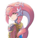  1girl bangs brown_eyes closed_mouth colored_skin fish_girl gxp hair_ornament highres jewelry long_hair looking_back mipha monster_girl multicolored_skin no_eyebrows one_eye_covered pointy_ears red_skin redhead simple_background smile solo the_legend_of_zelda the_legend_of_zelda:_breath_of_the_wild upper_body white_background zora 