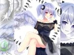  1girl alternate_costume angel_wings bangs black_dress blush braid breasts collarbone commentary_request crescent crescent_hair_ornament crossed_legs dress eyelashes feathered_wings feathers french_braid frilled_dress frills hair_ornament half_updo hand_on_own_face head_rest highres invisible_chair kishin_sagume knees looking_at_viewer medium_breasts niko_kusa off-shoulder_dress off_shoulder open_mouth red_eyes shiny shiny_hair sidelocks sideways_glance signature silver_hair simple_background single_wing sitting smile smug solo thighs touhou white_background wings wrist_cuffs 