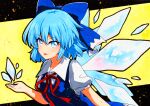  1girl blue_bow blue_dress blue_eyes blue_hair bow breasts cirno collared_shirt detached_wings dress eyebrows_visible_through_hair frilled_dress frills hair_bow looking_at_viewer medium_hair neck_ribbon outstretched_arm outstretched_hand pinafore_dress puffy_short_sleeves puffy_sleeves qqqrinkappp red_ribbon ribbon shirt short_sleeves small_breasts solo tongue tongue_out touhou traditional_media upper_body v-shaped_eyebrows white_shirt wings yellow_background 