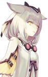  1girl arknights bangs bow commentary_request eyebrows_visible_through_hair feather_hair goggles goggles_around_neck highres orange_eyes owl_ears owl_girl parted_lips pointy_hair ptilopsis_(arknights) ribbon solo white_background white_hair yuhiko_(unayuhi) 