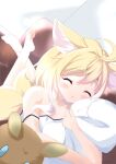  1girl absurdres animal_ear_fluff animal_ears arknights bangs bare_arms bare_shoulders barefoot blonde_hair blush closed_eyes commentary_request couch dress eyebrows_visible_through_hair fox_ears fox_girl fox_tail highres legs_up lying multicolored_hair object_hug on_couch on_stomach parted_lips pillow pillow_hug sleeveless sleeveless_dress soles solo strap_slip suzuran_(arknights) tail two-tone_hair white_dress white_hair yuuno_(u_no_0908) 