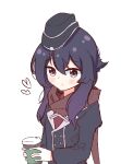  1girl blue_archive blush buttons chibikki coffee_cup cup disposable_cup eyebrows_visible_through_hair garrison_cap hair_between_eyes haruka_(blue_archive) hat heart holding holding_cup looking_at_viewer military military_hat military_uniform puffy_sleeves purple_hair scarf solo uniform violet_eyes 