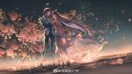  1boy 1girl animal_ears douluo_dalu dress high_heels highres hu_jing_tang_shi_zhong husband_and_wife lights pink_dress ponytail rabbit_ears tang_san weibo_id weibo_logo xiao_wu_(douluo_dalu) 