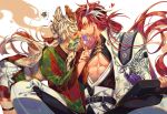  1boy 1girl bangs belt blush breasts brown_hair closed_eyes fate/grand_order fate_(series) folding_fan grin hair_ornament hair_ribbon hand_fan izumo_no_okuni_(fate) jacket japanese_clothes kikan_(kikanoe) kimono kiss long_hair long_sleeves medium_breasts multicolored_hair pectorals ponytail redhead ribbon sidelocks silver_hair sitting smile streaked_hair takasugi_shinsaku_(fate) two-tone_hair white_jacket wide_sleeves 