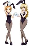  2girls animal_ears bare_shoulders black_legwear black_leotard blonde_hair blue_eyes blush braid breasts covered_navel cup darjeeling_(girls_und_panzer) eyebrows_visible_through_hair fake_animal_ears fake_tail french_braid full_body girls_und_panzer highres key_(gaigaigai123) leotard long_hair looking_at_viewer multiple_girls one_eye_closed open_mouth orange_hair orange_pekoe_(girls_und_panzer) pantyhose playboy_bunny rabbit_ears rabbit_tail shiny shiny_hair simple_background small_breasts smile standing tail teacup teapot white_background 