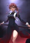  1girl bangs black_dress blush breasts brown_eyes brown_hair cross cross_necklace dress jewelry large_breasts long_hair looking_at_viewer low_ponytail melty_blood mole mole_under_mouth necklace noel_(tsukihime) open_mouth polearm smile spear thighs tsukihime weapon yuzuruka_(bougainvillea) 