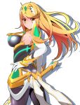  bangs bare_legs bare_shoulders black_legwear blonde_hair breasts dress earrings elbow_gloves gloves harubato jewelry large_breasts long_hair mythra_(massive_melee)_(xenoblade) mythra_(xenoblade) short_dress super_smash_bros. swept_bangs thigh_strap tiara very_long_hair white_dress white_footwear white_gloves xenoblade_chronicles_(series) xenoblade_chronicles_2 yellow_eyes 