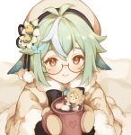  1girl albedo_(genshin_impact) animal_ears antenna_hair bangs black_bow black_bowtie black_ribbon black_shirt blush bow bowtie butterfly_hair_ornament capelet closed_mouth cookie cup english_commentary flower food foodification fur-trimmed_capelet fur_trim genshin_impact glasses gloves green_hair hair_flower hair_ornament hair_ribbon headband highres holding holding_cup hot_chocolate long_sleeves marshmallow mittens mug ria_(yfvv_ria) ribbon round_eyewear semi-rimless_eyewear shirt sidelocks smile snow solo sucrose_(genshin_impact) sweet_flower under-rim_eyewear upper_body vision_(genshin_impact) white_capelet white_gloves white_headband yellow_eyes 