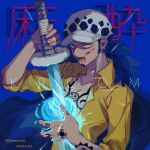  1boy artist_name blood blood_on_face blue_theme demorzel facial_hair hat highres holding holding_sword holding_weapon male_focus one_piece open_mouth shirt sleeves_rolled_up solo sword tattoo trafalgar_law weapon yellow_eyes yellow_shirt 