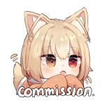  1girl :o animal_ear_fluff animal_ears blush brown_eyes chibi commentary commission english_commentary english_text fang hands_up heterochromia light_brown_hair looking_away miaoema motion_lines open_mouth original red_eyes simple_background solo white_background 