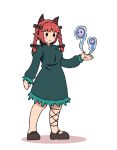  1girl animal_ears asymmetrical_legwear braid cat_ears chibi dress extra_ears ghost green_dress kaenbyou_rin kuroguy leg_ribbon mary_janes medium_hair no_tail pointy_ears redhead ribbon shoes skull smile solid_circle_eyes solo touhou twin_braids 