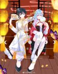  1boy 1girl ahoge black_hair blue_hair brother_and_sister bug butterfly chinese_clothes couth douluo_dalu hand_fan highres jacket long_hair red_jacket siblings smile tang_wulin_(douluo_dalu) tang_wutong_(douluo_dalu) weibo_id weibo_logo wulin_meng_zhu_106 