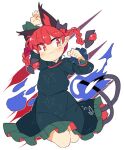  1girl :3 animal_ears blue_fire bow braid cat_ears clenched_hand dress extra_ears fire green_dress ini_(inunabe00) kaenbyou_rin looking_at_viewer multiple_tails nekomata paw_pose pointy_ears puffy_sleeves red_eyes redhead simple_background sitting slit_pupils solo stretch subterranean_animism tail touhou twin_braids whiskers 