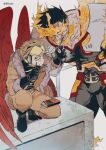  2boys artist_name bbuolp beard black_hair blonde_hair bodysuit boku_no_hero_academia boots chocolate coat eating endeavor_(boku_no_hero_academia) eyewear_on_head facial_hair feathered_wings fire food food_in_mouth fur_trim gloves goggles hand_on_hip hawks_(boku_no_hero_academia) headphones holding holding_food male_focus mature_male mouth_hold multiple_boys muscular muscular_male pocky red_wings scar scar_across_eye scar_on_face sharing_food short_hair simple_background spiky_hair squatting superhero twitter_username white_background wings 