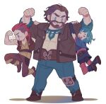  1boy 2girls arcane:_league_of_legends beard biceps blue_hair brown_hair facial_hair flexing happy jacket jinx_(league_of_legends) league_of_legends lifting_person looking_at_another multiple_girls ncj0810 pink_hair pose powder_(arcane) siblings sidecut simple_background sisters smile thick_eyebrows tomboy vander_(arcane) vi_(league_of_legends) wrist_wrap younger 