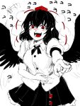  1girl bangs bird_wings black_hair black_ribbon black_skirt black_wings blush collared_shirt commentary_request eyebrows_visible_through_hair frilled_shirt_collar frilled_skirt frills hair_between_eyes hat highres korean_commentary kuya_(hey36253625) laughing limited_palette looking_at_viewer pointing pointing_at_viewer pointy_ears pom_pom_(clothes) red_eyes ribbon shameimaru_aya shirt simple_background skirt solo tokin_hat touhou white_background white_shirt wings 