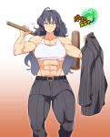  1girl abs ahoge belt brown_eyes closed_mouth collarbone dark_blue_hair earrings formal gradient gradient_background hanzo_(2929) highres holding holding_weapon jacket jacket_removed jewelry kashimoto_riko long_hair mallet muscular muscular_female solo sports_bra striped striped_jacket suit umamusume wavy_hair weapon 