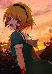  1girl absurdres bangs black_hairband blonde_hair blood blood_on_arm blood_on_face clouds commentary_request dress evening eyebrows_visible_through_hair fang green_dress hairband highres higurashi_no_naku_koro_ni houjou_satoko looking_at_viewer looking_back neckerchief open_mouth outdoors poyadevil red_eyes sailor_collar short_hair sky solo sunset white_sailor_collar yellow_neckerchief 