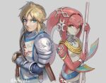  1boy 1girl armor bangs belt blonde_hair blue_belt blue_eyes breasts brown_eyes closed_mouth colored_skin earrings fins fish_girl gloves grey_background gxp hair_ornament highres holding holding_polearm holding_weapon jewelry link long_hair looking_at_viewer mipha monster_girl multicolored_skin no_eyebrows pointy_ears polearm red_skin redhead shiny shiny_skin small_breasts smile soldier&#039;s_set_(zelda) sword the_legend_of_zelda the_legend_of_zelda:_breath_of_the_wild twitter_username weapon yellow_eyes zora 