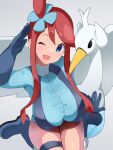  1girl ;d arm_up blue_eyes blue_gloves blush breasts covered_nipples elbow_gloves from_above gloves grey_background head_tilt highres huge_breasts long_sleeves looking_at_viewer looking_up one_eye_closed one_side_up pokemon pokemon_(creature) pokemon_(game) pokemon_bw salute short_hair_with_long_locks sidelocks simple_background sitting skindentation skyla_(pokemon) smile swanna thigh_strap uni_mmtab wariza 