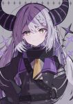  1girl ascot bangs black_jacket braid closed_mouth collar commentary_request eyebrows_visible_through_hair grey_background hair_between_eyes hand_on_hip highres hiyoko_no_ko hololive horns jacket la+_darknesss long_hair long_sleeves looking_at_viewer metal_collar multicolored_hair purple_hair silver_hair smile solo streaked_hair upper_body very_long_hair virtual_youtuber yellow_ascot yellow_eyes 