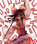  1girl absurdres arm_up bare_shoulders bow brown_hair detached_sleeves dress gohei hair_bow hair_ornament hair_tubes hakurei_reimu hand_up highres long_sleeves ofuda red_bow red_dress short_hair simple_background solo touhou white_background wide_sleeves 