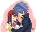  1boy 1girl bare_shoulders blue_hair blue_jacket blush breasts brown_eyes collared_jacket erza_scarlet fairy_tail hair_between_eyes half-closed_eyes hand_on_another&#039;s_face hand_on_another&#039;s_shoulder hetero high_collar hug jacket jellal_fernandes large_breasts long_hair long_sleeves mashima_hiro redhead shirt short_hair signature sleeveless smile standing upper_body white_shirt 