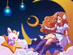  1girl brown_hair clouds dress honcha long_hair on_moon panel_de_pon seren_(panel_de_pon) staff star_(sky) star_(symbol) tiara white_dress 