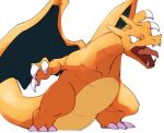  black_eyes blurry charizard claws commentary_request fangs morio_(poke_orio) no_humans open_mouth pokemon pokemon_(creature) simple_background solo standing tongue white_background 