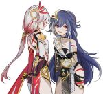  2girls :d asymmetrical_gloves black_choker black_hair brown_gloves china_dress chinese_clothes choker dress dual_persona fu_hua fu_hua_(herrscher_of_sentience) fu_hua_(phoenix) gloves hair_ornament honkai_(series) honkai_impact_3rd long_hair looking_at_viewer mismatched_gloves multicolored_hair multiple_girls open_mouth ponytail red_eyes red_gloves simple_background smile streaked_hair white_background white_dress white_hair zichecheche 