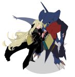  1girl :d apios1 bag black_coat black_footwear black_pants blonde_hair closed_eyes coat cynthia_(pokemon) eyelashes fur-trimmed_coat fur_collar fur_trim garchomp hair_over_one_eye happy highres holding holding_bag long_hair long_sleeves open_mouth pants pointy_footwear pokemon pokemon_(creature) pokemon_(game) pokemon_dppt shoes shopping_bag signature smile standing very_long_hair yellow_bag 