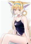  1girl :d absurdres animal_ear_fluff animal_ears arknights bare_arms bare_shoulders black_swimsuit blonde_hair blue_hairband braid breasts commentary_request feet_out_of_frame fox_ears fox_girl fox_tail grey_background hair_rings hairband highres kitsune kotoha_(kotoha65) looking_at_viewer multicolored_hair one-piece_swimsuit school_swimsuit simple_background sitting small_breasts smile solo suzuran_(arknights) swimsuit tail twin_braids two-tone_hair white_hair 