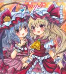  2girls :d ascot bat_wings black_wings blonde_hair brooch crystal eyebrows_visible_through_hair fang flandre_scarlet flower frilled_ascot frilled_hat frilled_ribbon frilled_shirt frilled_shirt_collar frilled_skirt frills green_brooch hair_ribbon hat hat_ribbon head_tilt heads_together jewelry long_hair looking_at_viewer marker_(medium) medium_hair mob_cap multiple_girls open_mouth orange_background pink_shirt pink_skirt puffy_short_sleeves puffy_sleeves purple_ribbon red_ascot red_eyes red_ribbon red_skirt red_vest remilia_scarlet ribbon ribbon-trimmed_skirt ribbon_trim rose rui_(sugar3) sample shirt short_sleeves siblings side_ponytail silver_hair sisters skin_fang skirt skirt_set smile touhou traditional_media vest white_headwear white_shirt wings wrist_cuffs yellow_ascot yellow_brooch yellow_flower yellow_rose 