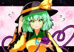  1girl bangs black_border black_headwear blouse border breasts eyebrows_visible_through_hair flying_sweatdrops frilled_shirt_collar frilled_sleeves frills green_eyes green_hair hand_on_headwear hat hat_ribbon heart heart_of_string holding komeiji_koishi long_sleeves looking_at_viewer open_mouth pink_background qqqrinkappp ribbon short_hair small_breasts solo sweat sweatdrop third_eye touhou traditional_media upper_body wide_sleeves yellow_blouse yellow_ribbon 