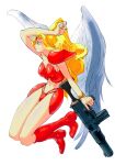  1girl absurdres ares_no_tsubasa armor blonde_hair blue_eyes breasts closed_mouth feathered_wings gun highres long_hair navel red_footwear shoulder_armor simple_background solo weapon white_background wings wristband yasuda_akira 