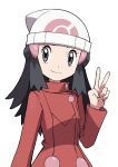  1girl beanie blue_eyes blue_hair closed_mouth cowboy_shot hat highres hikari_(pokemon) jacket long_hair looking_at_viewer pokemon pokemon_(game) pokemon_bdsp pokemon_dppt red_jacket smile solo v white_background white_headwear yoshi_(moco1) 