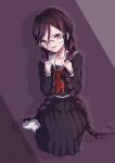  absurdres bangs black_shirt black_skirt braid brown_eyes collarbone danganronpa:_trigger_happy_havoc danganronpa_(series) fukawa_touko glasses grey_background hands_up highres long_hair long_skirt long_sleeves looking_at_viewer neckerchief no_shoes open_mouth pleated_skirt purple_background red_neckerchief round_eyewear sailor_collar school_uniform shan_ji_jing_wu_(sngktry) shirt skirt socks solo twin_braids twintails white_sailor_collar 