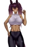  1girl abs adidas animal_ears ass_visible_through_thighs blush breasts commentary cowboy_shot dark_skin english_commentary hair_between_eyes hand_on_hip highres horse_ears horse_girl horse_tail kurosawa_rui_(hjkl42332) large_breasts leggings long_hair looking_at_viewer midriff navel parted_lips purple_hair simple_background solo tail teeth thigh-highs toned twintails umamusume white_background yellow_eyes 
