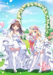  2girls arch blonde_hair blue_bow blue_eyes blue_hair bow braid bridal_veil brown_eyes brown_hair clouds commentary_request day detached_sleeves dress flower frilled_dress frills garter_straps high_heels layered_dress long_hair multiple_girls original outdoors pan_(mimi) petals pink_flower pink_rose pleated_dress puffy_short_sleeves puffy_sleeves rose sample see-through shoes short_sleeves single_braid skindentation standing standing_on_one_leg strapless strapless_dress stuffed_animal stuffed_bunny stuffed_toy thigh-highs two_side_up veil wedding_dress white_dress white_flower white_footwear white_legwear white_rose white_sleeves 