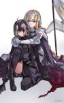  2girls ahoge armored_boots arms_around_neck black_legwear blonde_hair blood blood_on_face boots cape fate/grand_order fate_(series) gauntlets grey_skirt headpiece highres hug hug_from_behind jeanne_d&#039;arc_(alter)_(fate) jeanne_d&#039;arc_(fate) light_smile long_braid multiple_girls one_eye_closed short_hair skirt standard_bearer thigh-highs white_background white_cape yellow_eyes zeromomo 