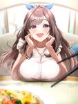  1girl 1other absurdres blue_bow blush bow breast_rest breasts brown_hair champon chopsticks couch eyebrows_visible_through_hair fisheye food hair_bow hands_on_own_cheeks hands_on_own_face highres idolmaster idolmaster_shiny_colors large_breasts long_hair looking_at_viewer open_mouth shirt sleeveless smile tera2001 tsukioka_kogane violet_eyes white_shirt 