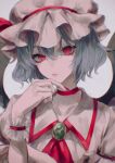  1girl absurdres ascot bat_wings blue_hair blurry choker depth_of_field eyelashes hand_on_own_chin highres maid_headdress nail_polish portrait red_choker red_eyes remilia_scarlet rin_(rin7kan7) short_hair touhou white_background wings wrist_cuffs 