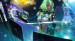  1girl bangs blue_eyes bodysuit breasts gloves green_gloves green_hair highres holographic_interface melonplus mina_(zenonzard) parted_lips short_hair small_breasts solo standing zenonzard 