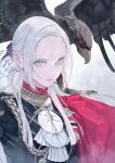  1girl aiguillette ascot bird black_jacket cape commentary eagle edelgard_von_hresvelg fire_emblem fire_emblem:_three_houses garreg_mach_monastery_uniform gloves grey_background hair_ribbon half_updo hand_in_hair hand_up highres jacket long_hair looking_to_the_side mueririko purple_ribbon red_cape ribbon silver_hair solo upper_body violet_eyes white_ascot white_gloves 
