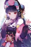  1girl bangs black_hair blunt_bangs blush bonnet braid breasts corset dress fur_collar genshin_impact highres long_hair long_sleeves looking_at_viewer medium_breasts nasii purple_dress purple_headwear red_eyes smile solo tassel twin_braids underbust yunjin_(genshin_impact) 