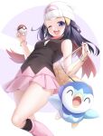  1girl ;d bag beanie black_shirt blue_hair commentary_request hat highres hikari_(pokemon) holding holding_poke_ball long_hair looking_at_viewer naoki_(endofcentury102) one_eye_closed pink_skirt piplup poke_ball pokemon pokemon_(creature) pokemon_(game) pokemon_dppt red_scarf scarf shirt skirt sleeveless sleeveless_shirt smile solo white_headwear 