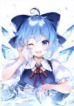  1girl ;d absurdres ahoge bangs blue_bow blue_dress blue_hair blush bow breasts cirno collared_shirt dress eyebrows_visible_through_hair fairy_wings fang frills hair_between_eyes hair_bow hand_on_own_cheek hand_on_own_face highres ice ice_cube ice_wings ke-ta looking_at_viewer neck_ribbon non-web_source one_eye_closed open_mouth puffy_short_sleeves puffy_sleeves red_neckwear red_ribbon ribbon scan shirt short_hair short_sleeves smile solo teeth touhou translation_request upper_teeth white_shirt wings 