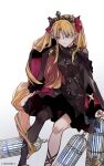  1girl artist_name birdcage black_cape blonde_hair cage cape crown ereshkigal_(fate) fate/grand_order fate_(series) hair_ribbon hand_in_hair highres long_hair red_ribbon ribbon single_thighhigh sitting solo thigh-highs two_side_up very_long_hair yellow_eyes zeromomo 